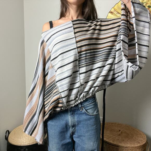 free people boho chic wool striped boxy oversized dolman poncho sweater top - Picture 1 of 9